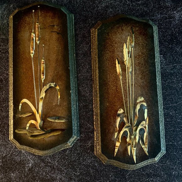 Vintage MCM Cattail on Wood Wall Plaque - Picture 3 of 6